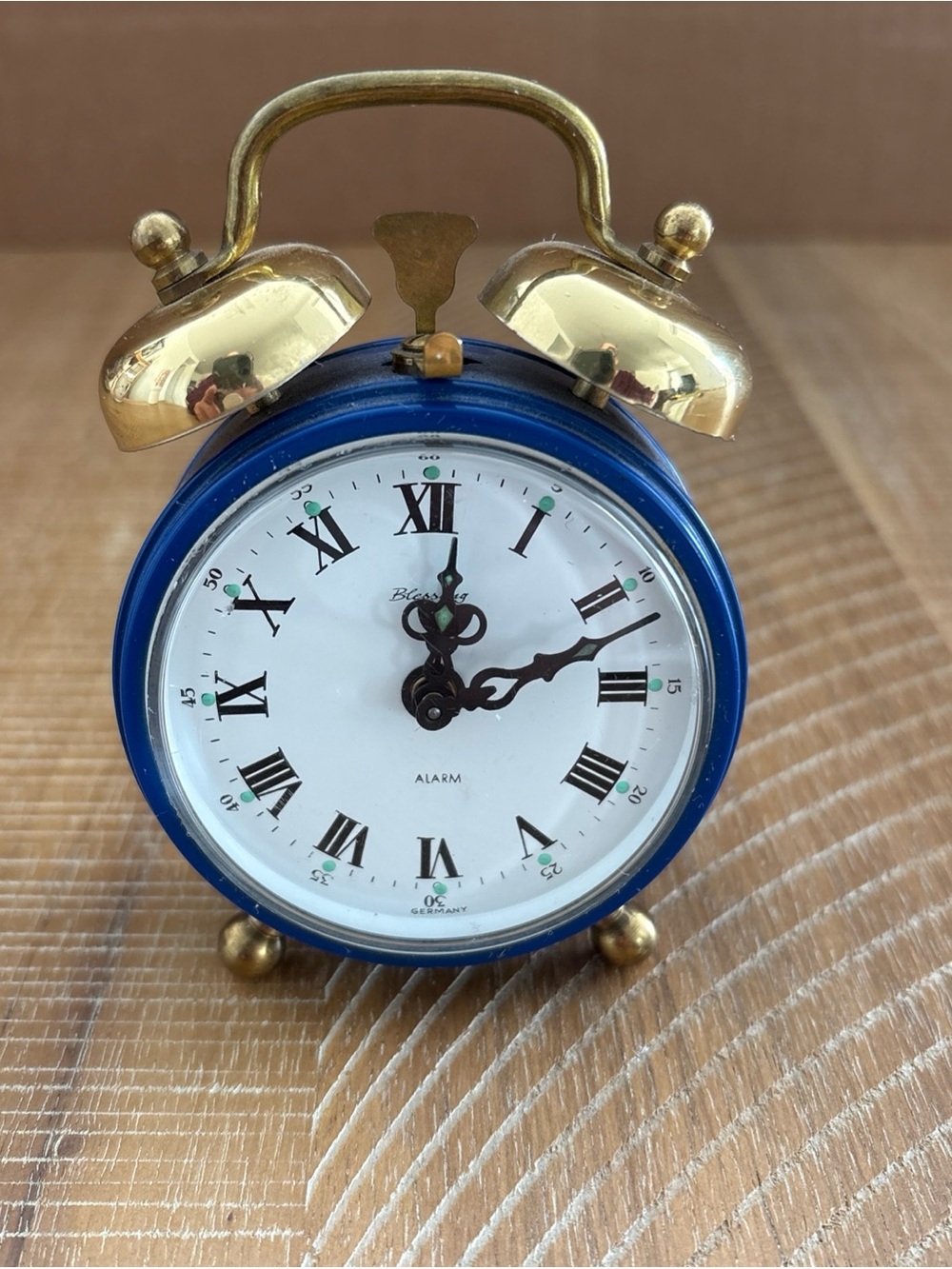 Vintage Blessing Germany Mini Alarm Table Clock Mechanical Blue/Gold Tone Runs